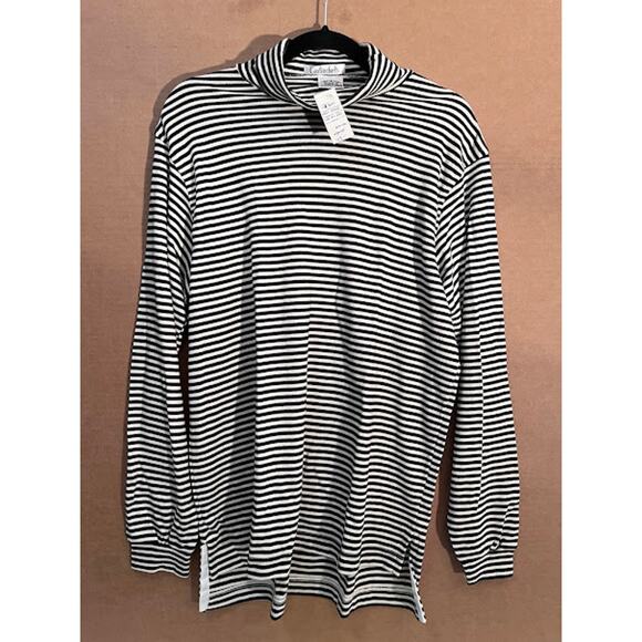 VTG 80s New Garfinckels Turtleneck Shirt Black Cream Stripe - Picture 1 of 6